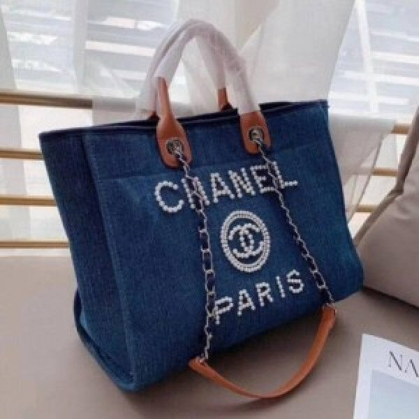 Chanel Deauville Pearl Canvas Tote Bag Blue