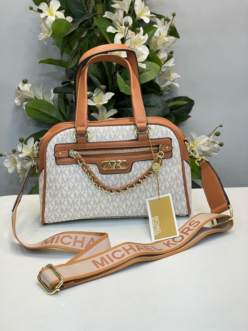 michaell korrs willias burg boston bag with dust bag white brown