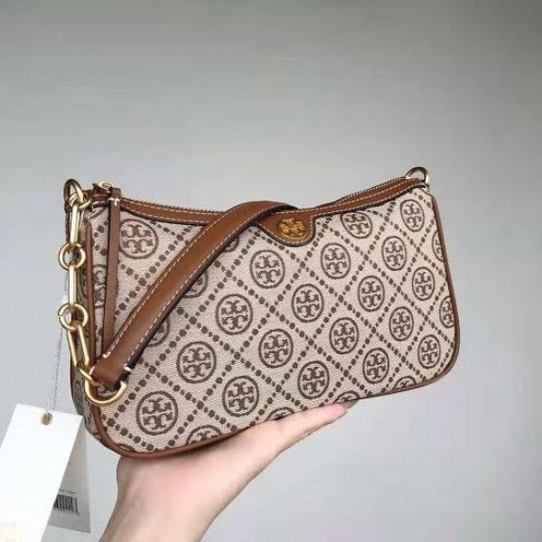 TORY BURCH T MONOGRAM JACQUARD SHOULDER BAG ADJUSTABLE STRAP WITH BOX