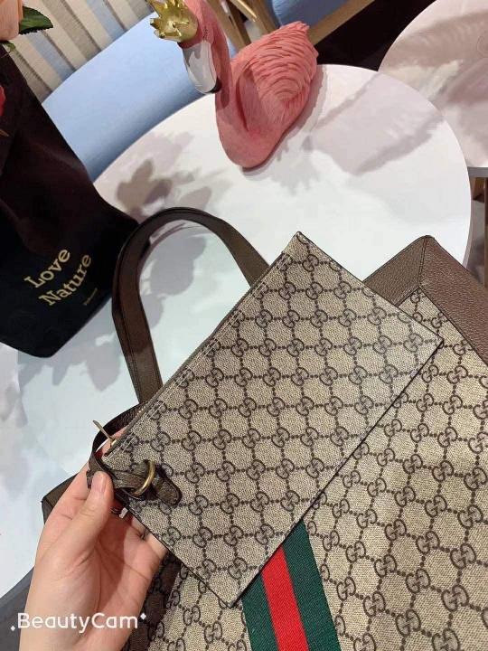 GUCCI CANVAS LEATHER TOTE BAG WITH POUCH
