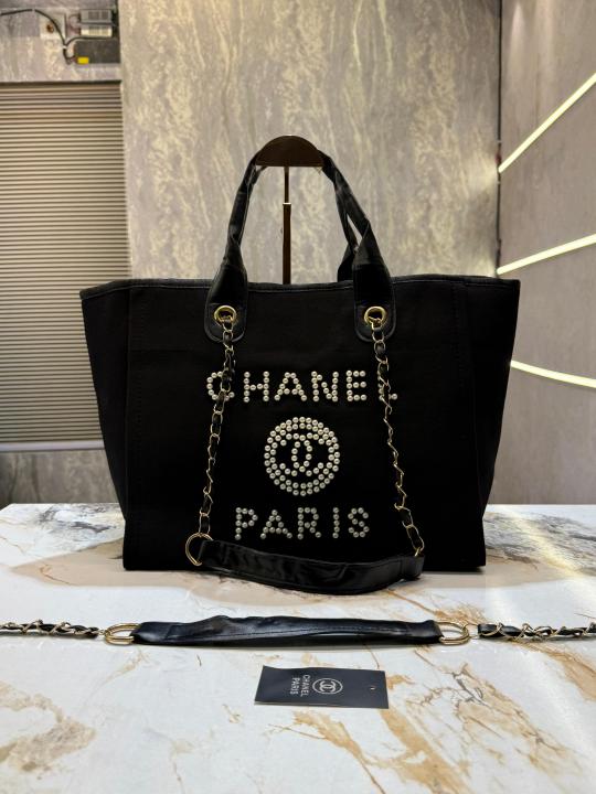 Chanel deauville pearl canvas tote bag black