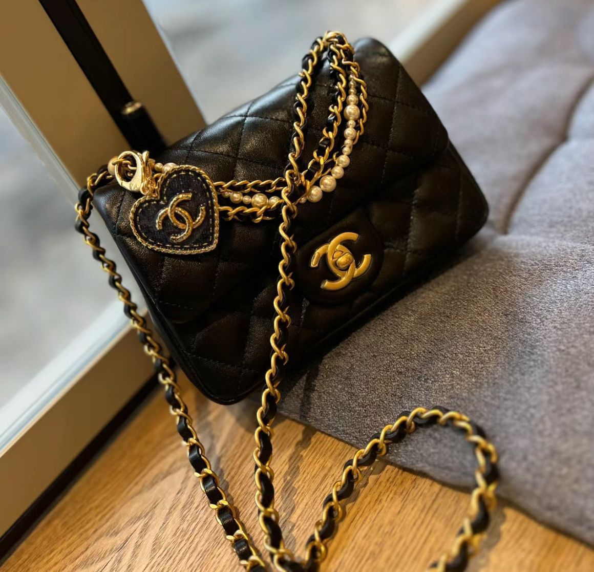 Chanel Cambon Line Black Quilted Leather Shoulder Bag with box