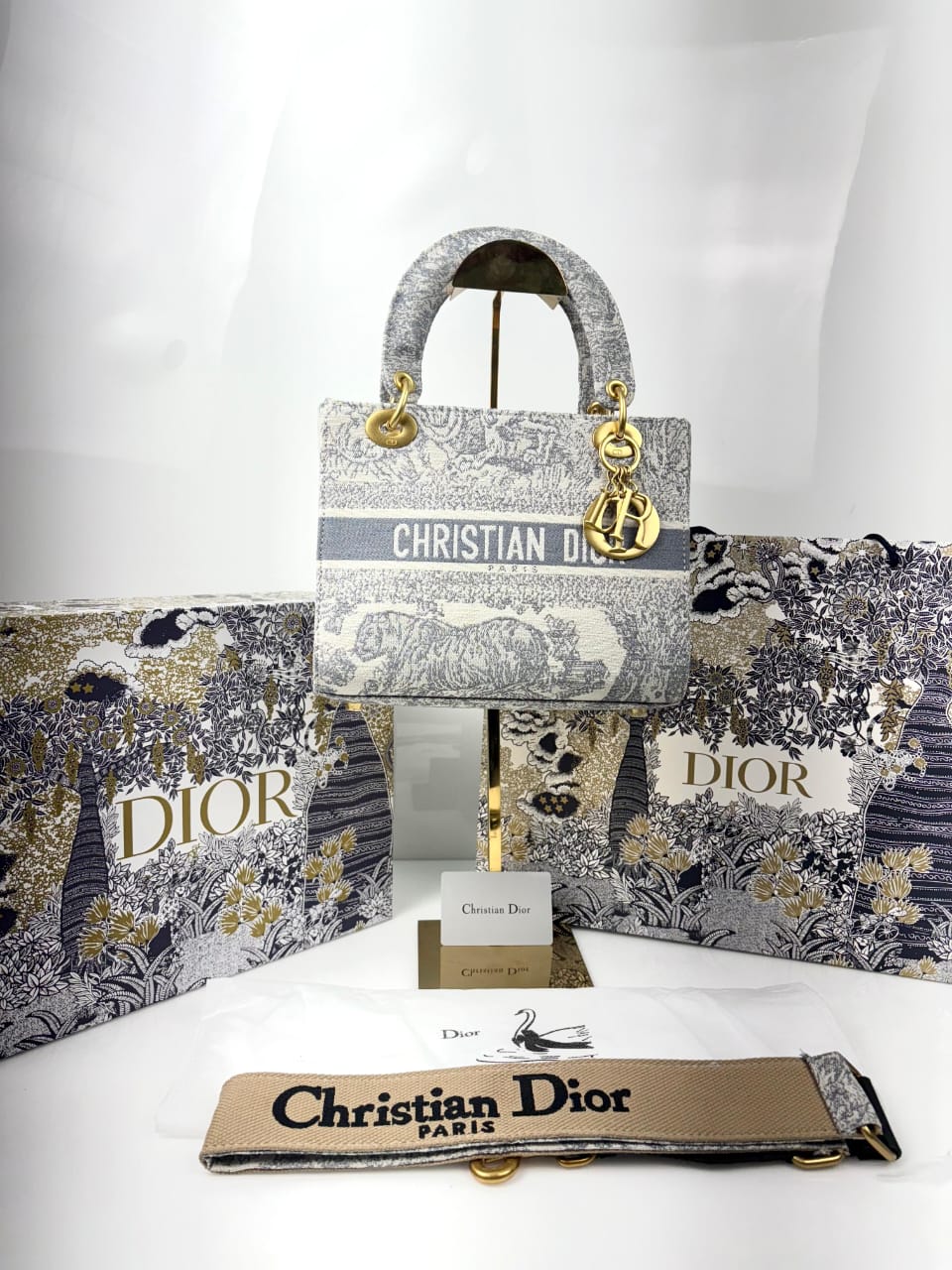 Christian Dior D Lady Tiger Print Black Sling Bag With Box Dust bag Sling belt