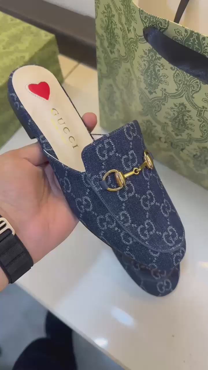 Gucci Denim Mules G Slides With Original Box Carry Bag