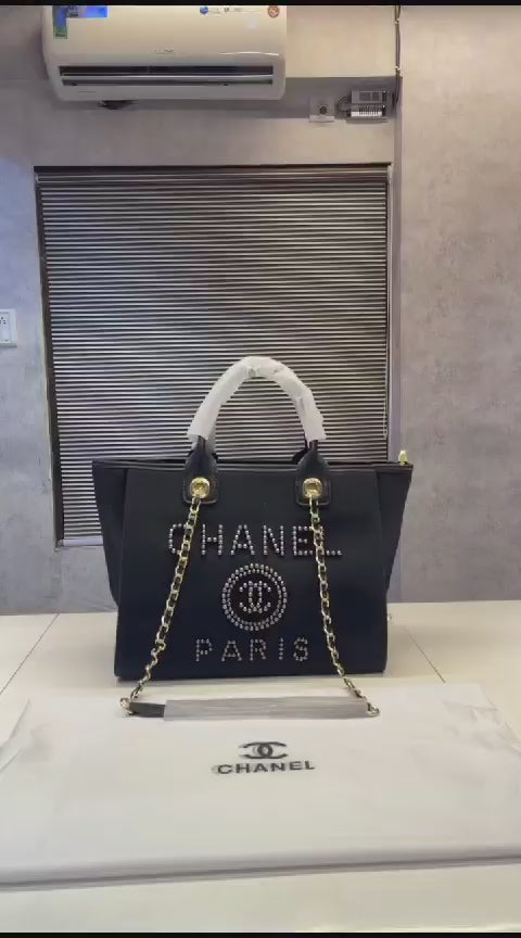 Chanel deauville pearl canvas tote bag black