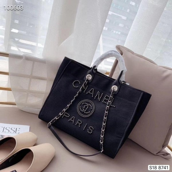 Chanel deauville pearl canvas tote bag black