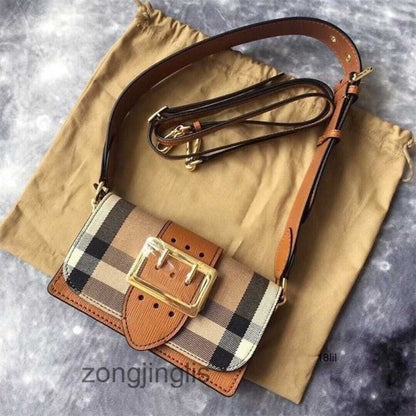 Burberry Womens Brown Madison Small House Check &amp; Leather Buckle Crossbody With Box