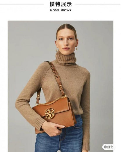 Tory Brown leather miller flap shoulder bag with box