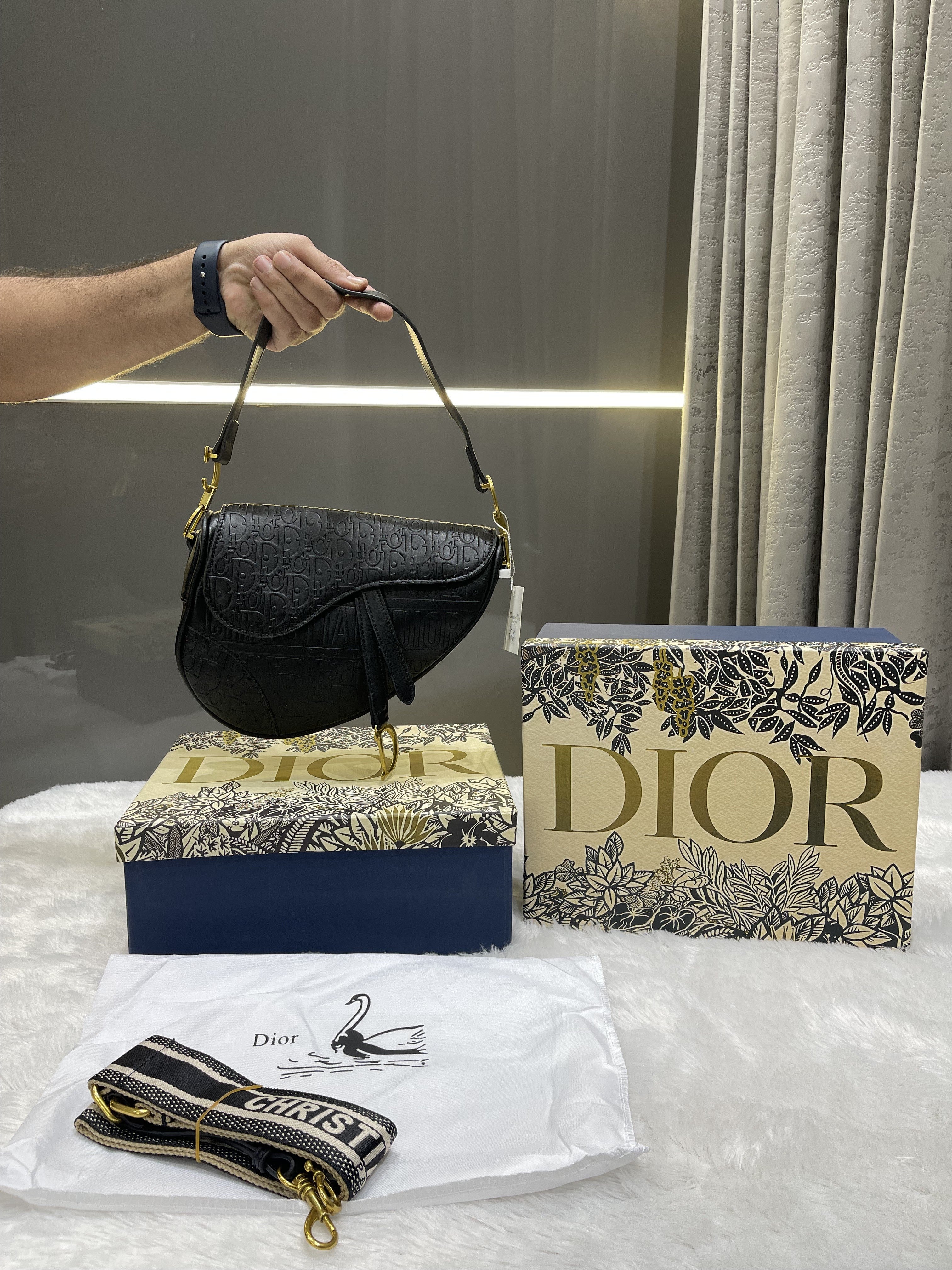 CHRISTIAN DIOR BLACK EMBROIDERY SADDLE BAG WITH OG BOX