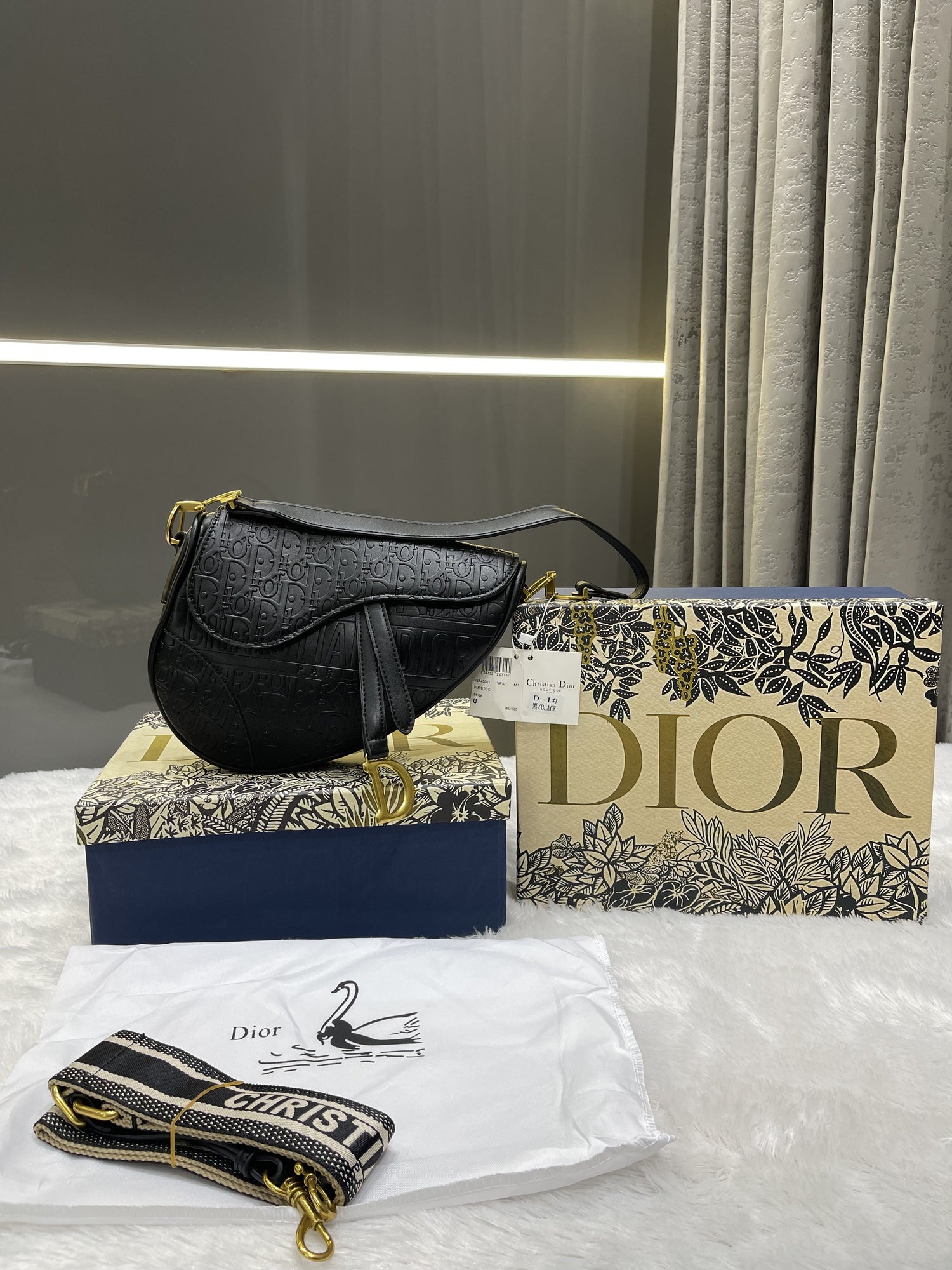 CHRISTIAN DIOR BLACK EMBROIDERY SADDLE BAG WITH OG BOX