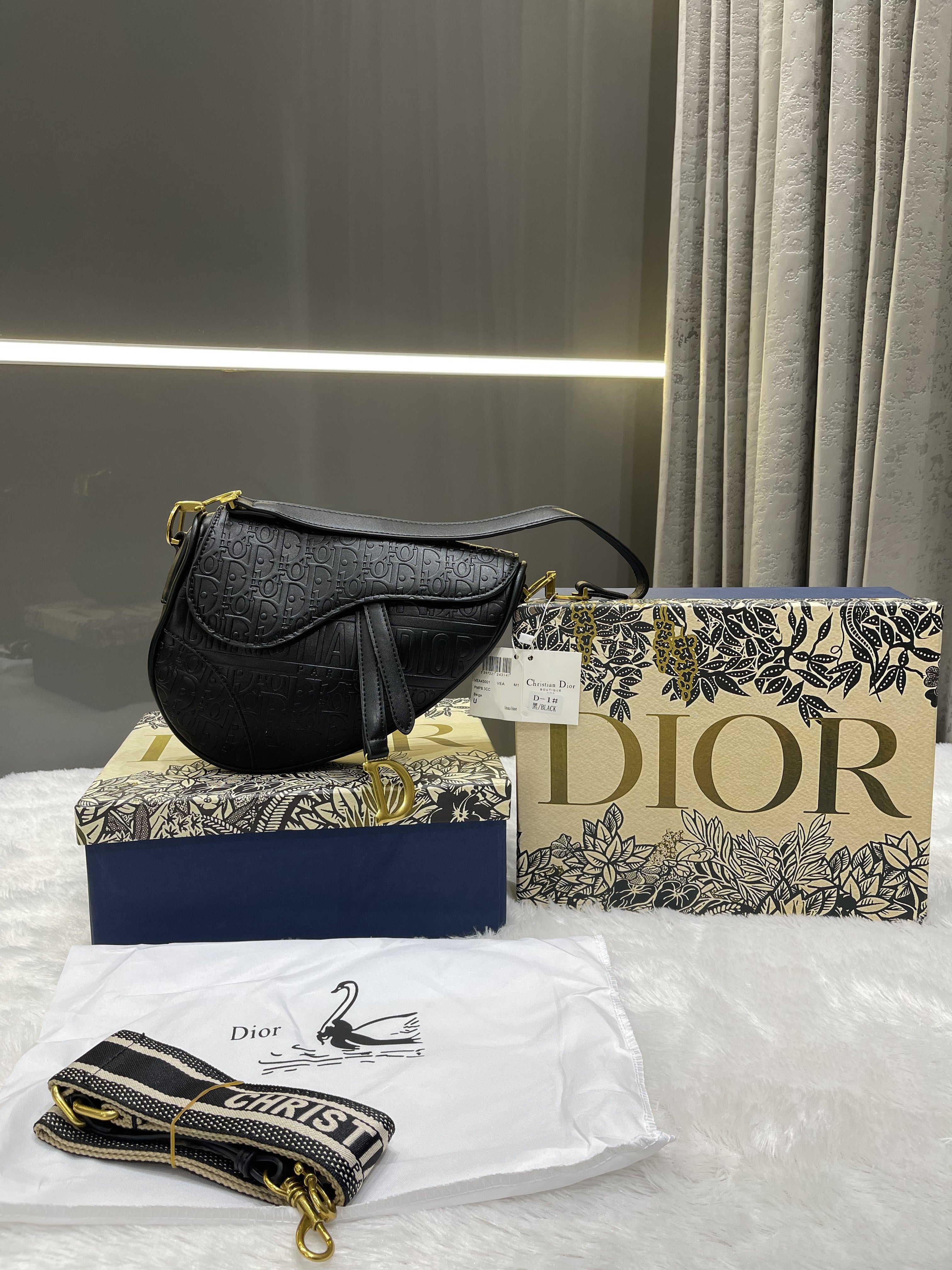 CHRISTIAN DIOR BLACK EMBROIDERY SADDLE BAG WITH OG BOX