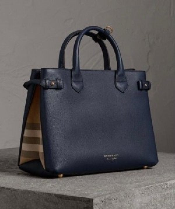 Burberry Navy Blue Leather and House Check Fabric Medium Banner Tote