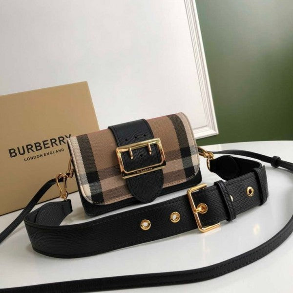 Burberry Womens Brown Madison Small House Check &amp; Leather Buckle Crossbody With Box