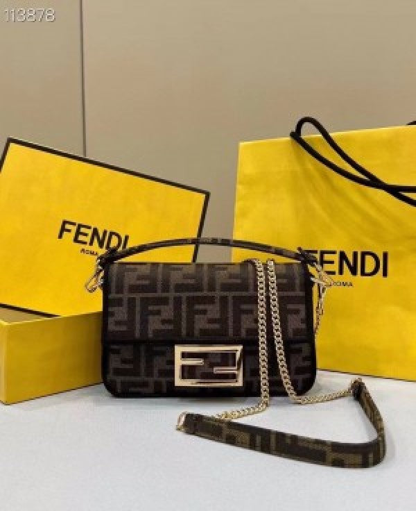 Fendi Baguette Jacquard FF fabric Bag Brown With box