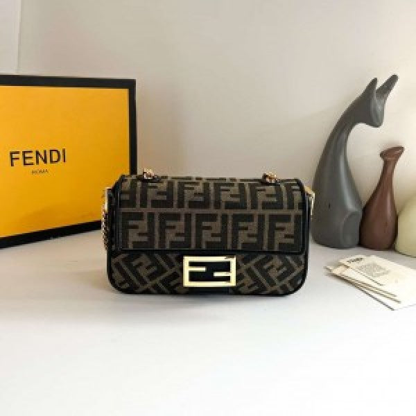 Fendi Baguette Jacquard FF fabric Bag Brown With box