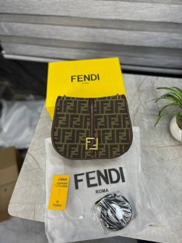 fendi Boston Brown FF jacquard Fabric Bag