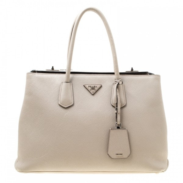 Prada Beige Saffiano Cuir Leather Medium Turnlock Twin Tote