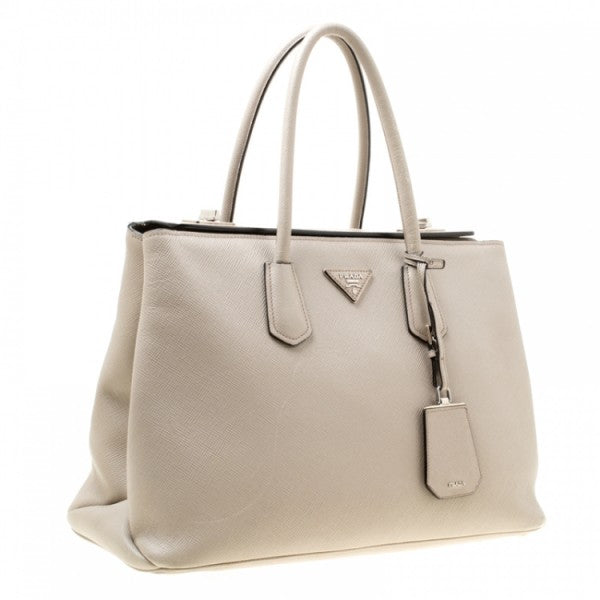 Prada Beige Saffiano Cuir Leather Medium Turnlock Twin Tote