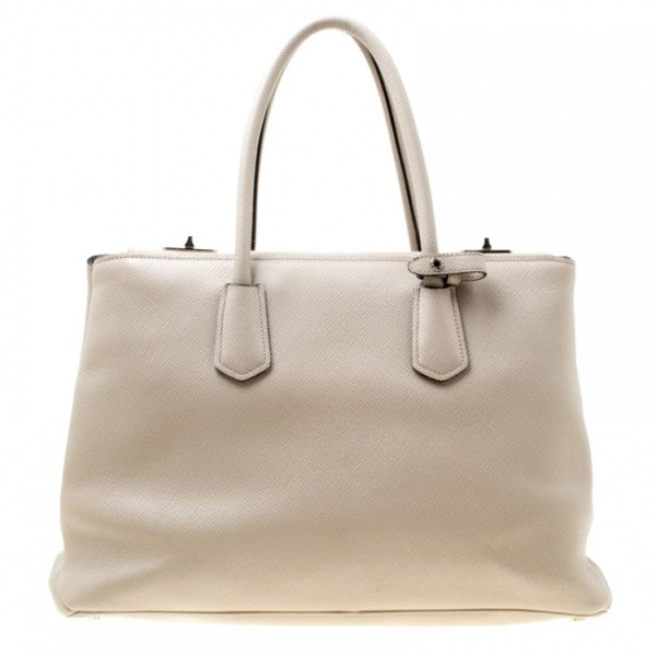 Prada Beige Saffiano Cuir Leather Medium Turnlock Twin Tote