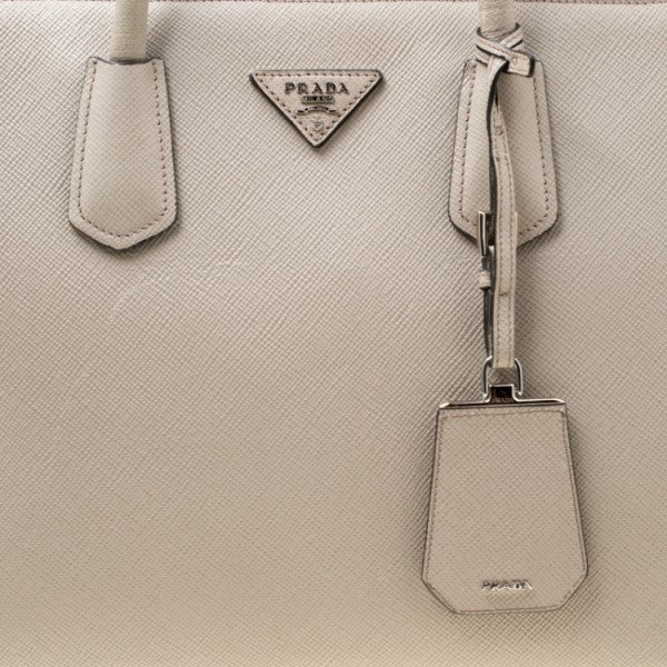 Prada Beige Saffiano Cuir Leather Medium Turnlock Twin Tote