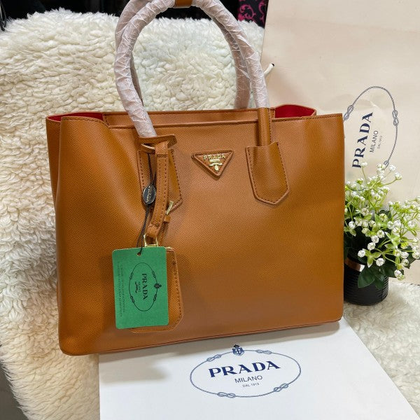 Prada Beige Saffiano Cuir Leather Medium Turnlock Twin Tote