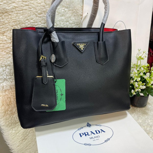 Prada Beige Saffiano Cuir Leather Medium Turnlock Twin Tote