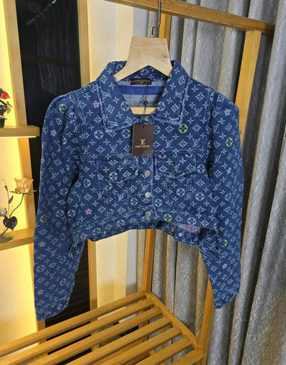 Women Lv Crop Top Denim Jacket Blue