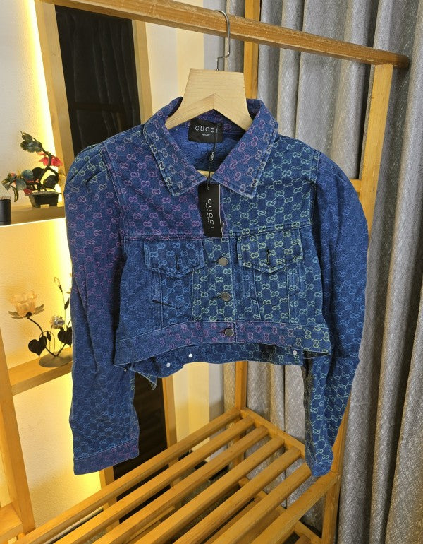 Women Gucci Crop Top Denim Shirt Blue