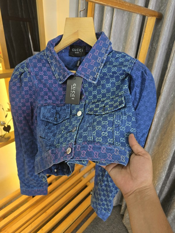 Women Gucci Crop Top Denim Shirt Blue