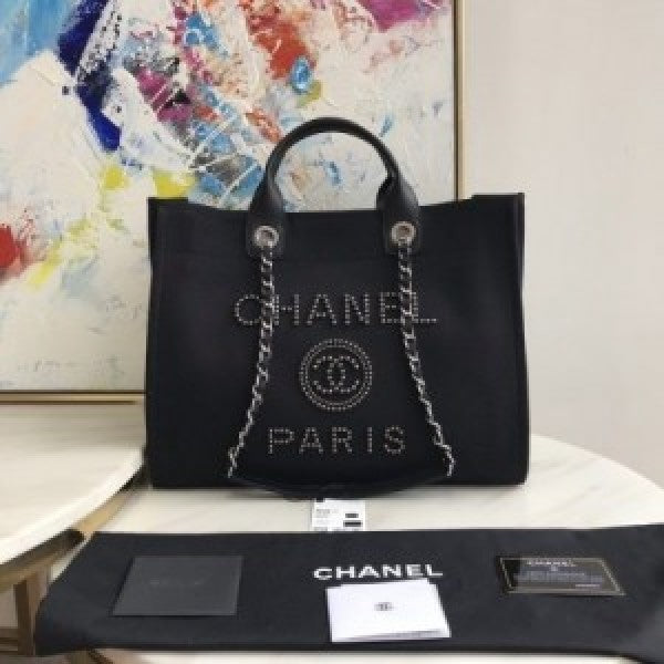 Chanel deauville pearl canvas tote bag black