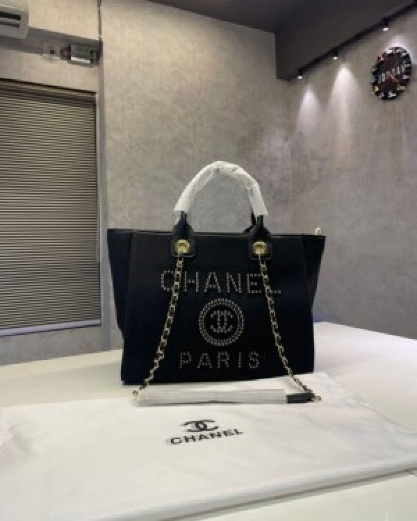 Chanel deauville pearl canvas tote bag black