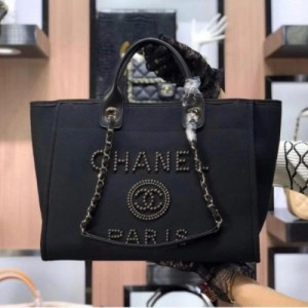 Chanel deauville pearl canvas tote bag black