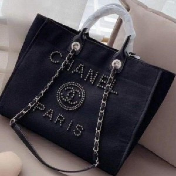 Chanel deauville pearl canvas tote bag black