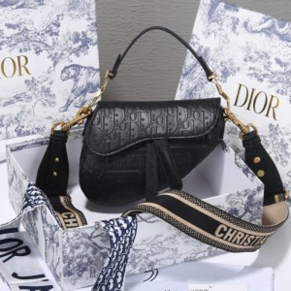 CHRISTIAN DIOR BLACK EMBROIDERY SADDLE BAG WITH OG BOX