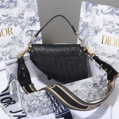 CHRISTIAN DIOR BLACK EMBROIDERY SADDLE BAG WITH OG BOX