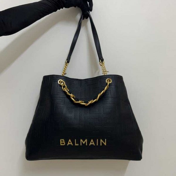 Balmain Logo Plaque Leather Black Tote