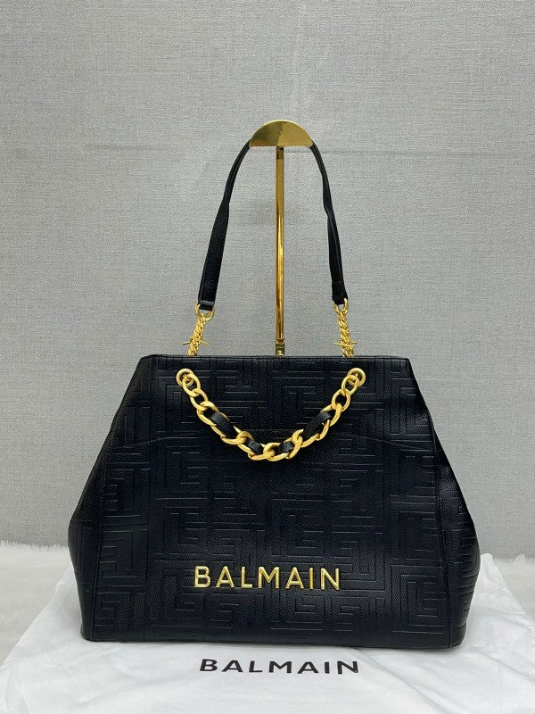 Balmain Logo Plaque Leather Black Tote