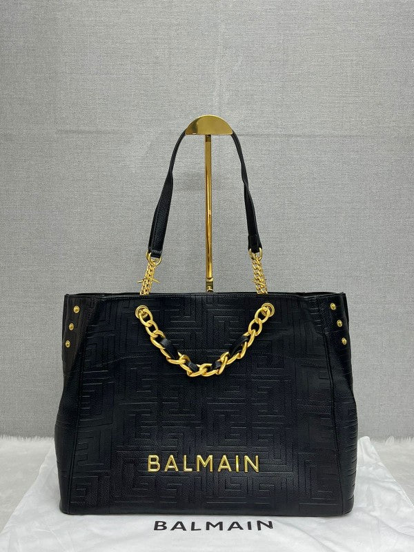 Balmain Logo Plaque Leather Black Tote