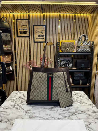 GUCCI CANVAS LEATHER TOTE BAG WITH POUCH