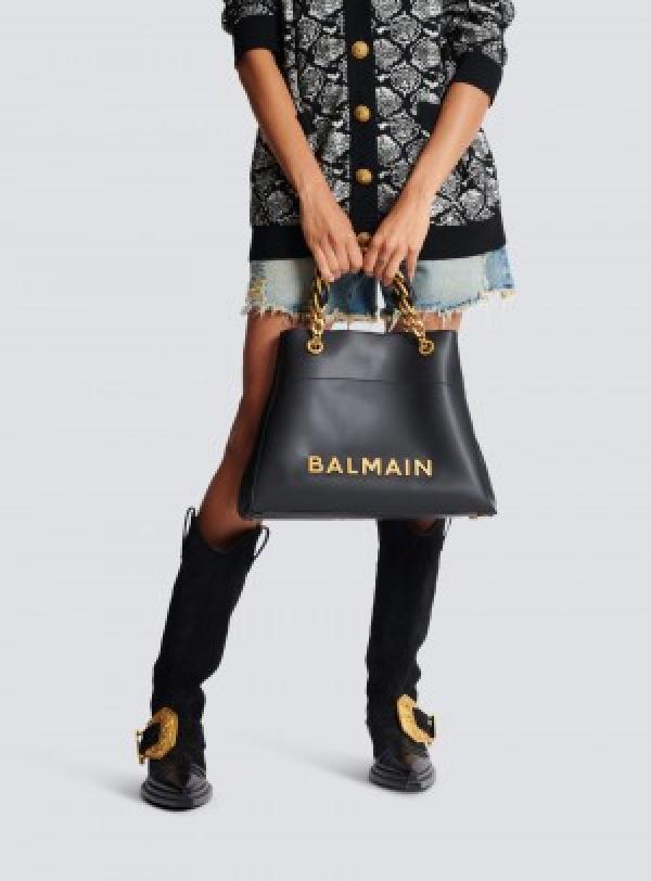 Balmain embellished leather trimmed cotton blend jacquard tote with dust cover
