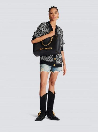 Balmain embellished leather trimmed cotton blend jacquard tote with dust cover