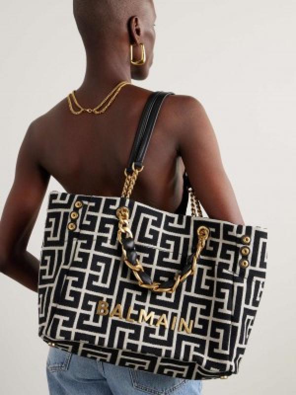 Balmain embellished leather trimmed cotton blend jacquard tote with dust cover