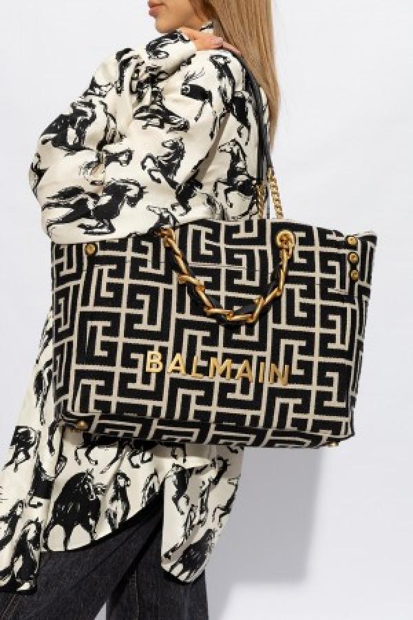 Balmain embellished leather trimmed cotton blend jacquard tote with dust cover