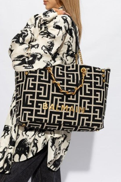 Balmain embellished leather trimmed cotton blend jacquard tote with dust cover