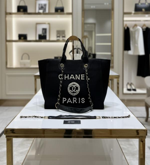 Chanel deauville pearl canvas tote bag black