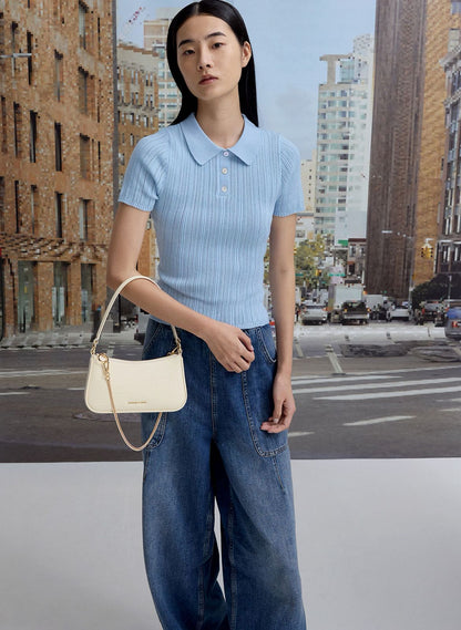 Charles keith Elspeth Croc Effect Chain Link Shoulder Bag Cream Croco with box