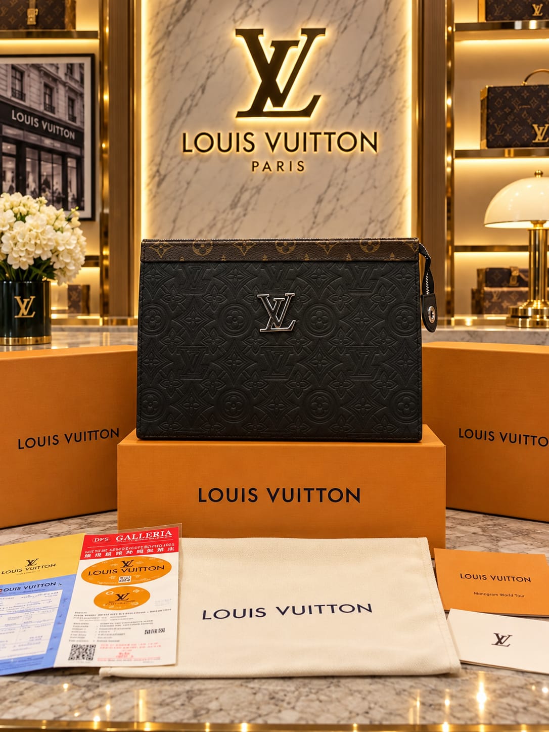 Louiss Vutton Premium Monogram Paris Hand Carry Pouch with premium quality box