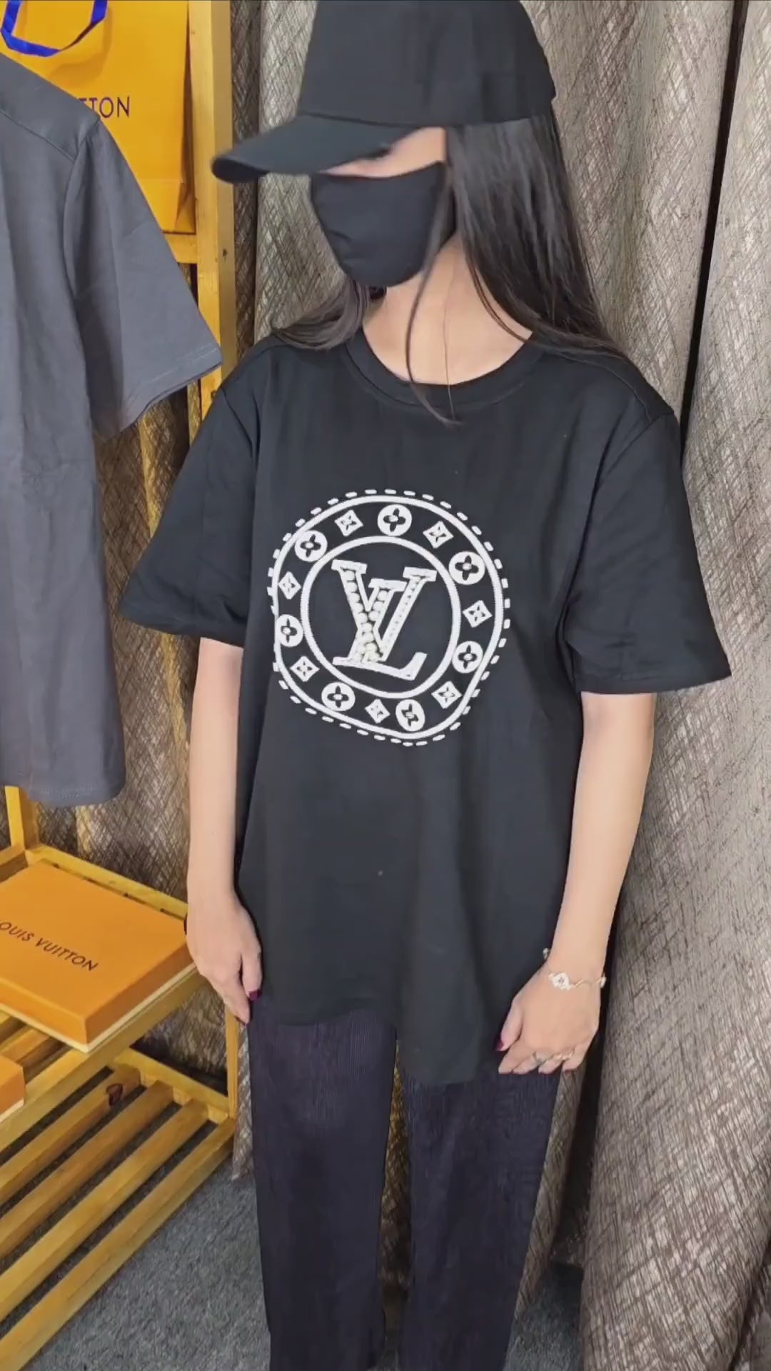 LV Women Pearl Off Shoulder T Shirt