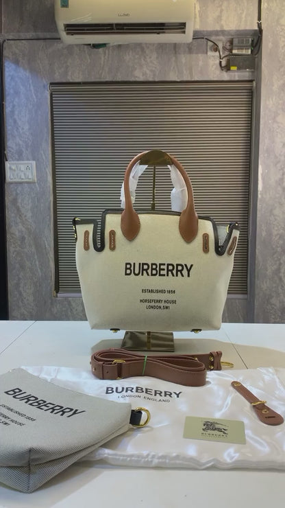 Burberry HorseFerry House Canvas Tote Bag With Dust bag Sling belt Pouch Card