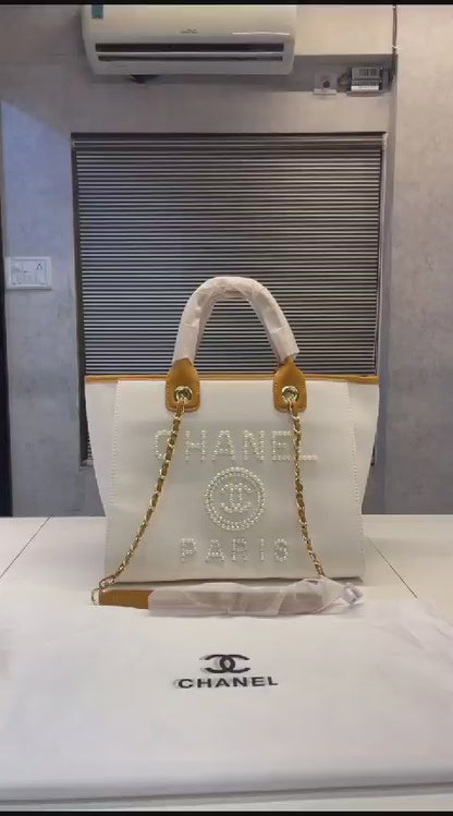 Chanel deauville pearl canvas tote bag black